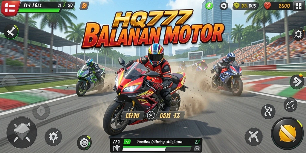 Gameplay HQ777 menampilkan balapan motor yang intens dan kompetitif.