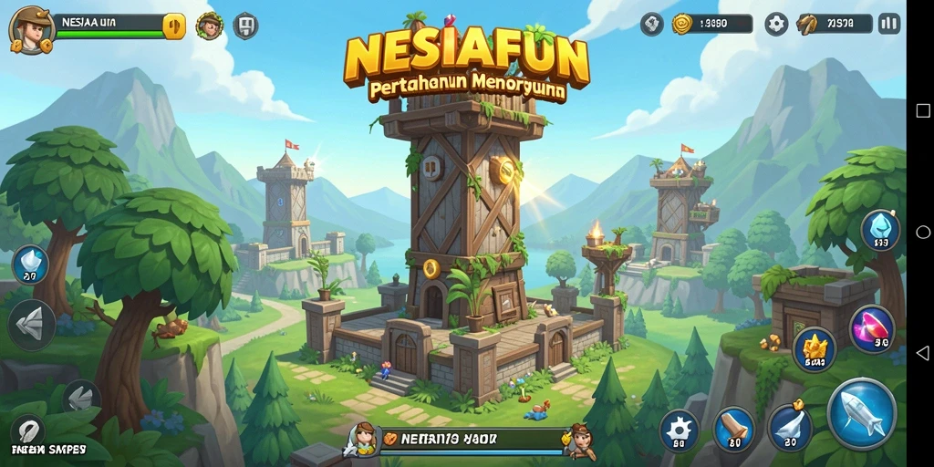 Screenshot gameplay NESIAFUN menampilkan pertahanan menara yang dinamis.