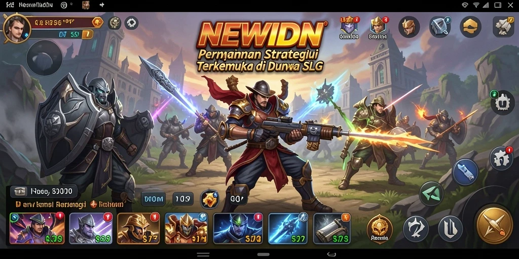 Screenshot utama NEWIDN menampilkan pertempuran epik dalam permainan SLG.