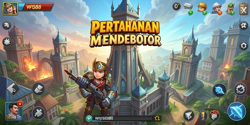Screenshot gameplay WP888 yang menunjukkan menara dan strategi pertahanan.